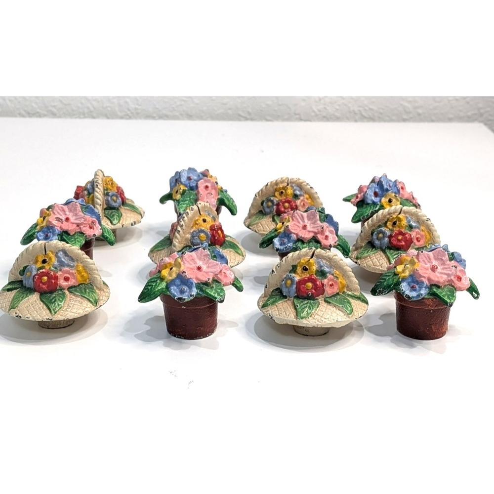12 Vintage HUBLEY Cast Iron PAINTED Flower Basket Place Card Holder COMPLETE SET